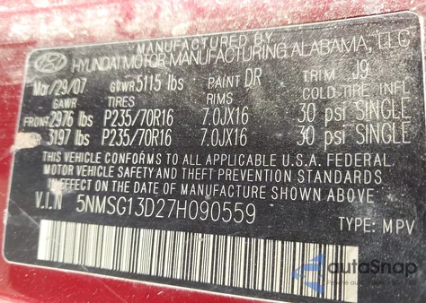 2007 Hyundai Santa Fe Gls z USA, uszkodzony, nr VIN 5NMSG13D27H090559